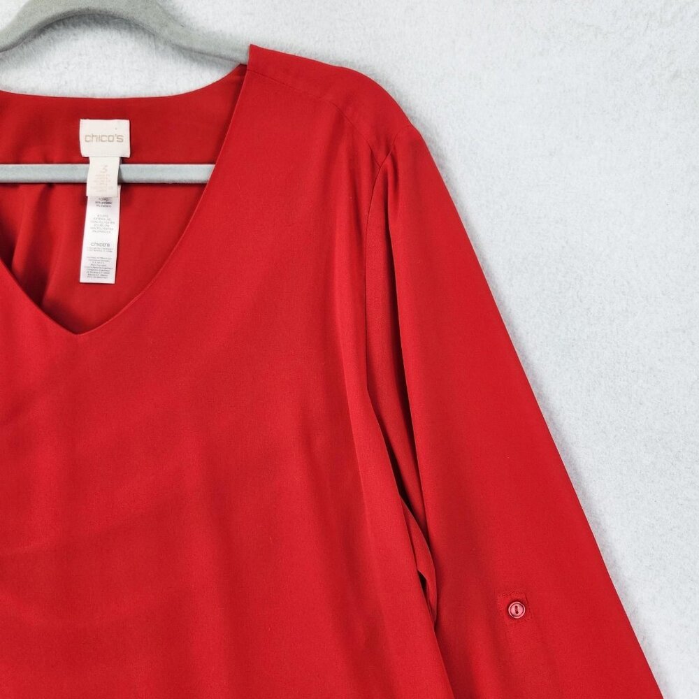 Chicos Shirt Womens 3 Red XL V Neck Long Roll Tab Sleeve Lined Flowy Tunic Top - Picture 2 of 10